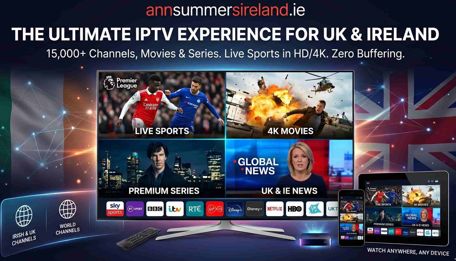 IPTV Ireland subscription showing Live Sports, 4K Movies, Premium Series and News on TV, mobile and tablet